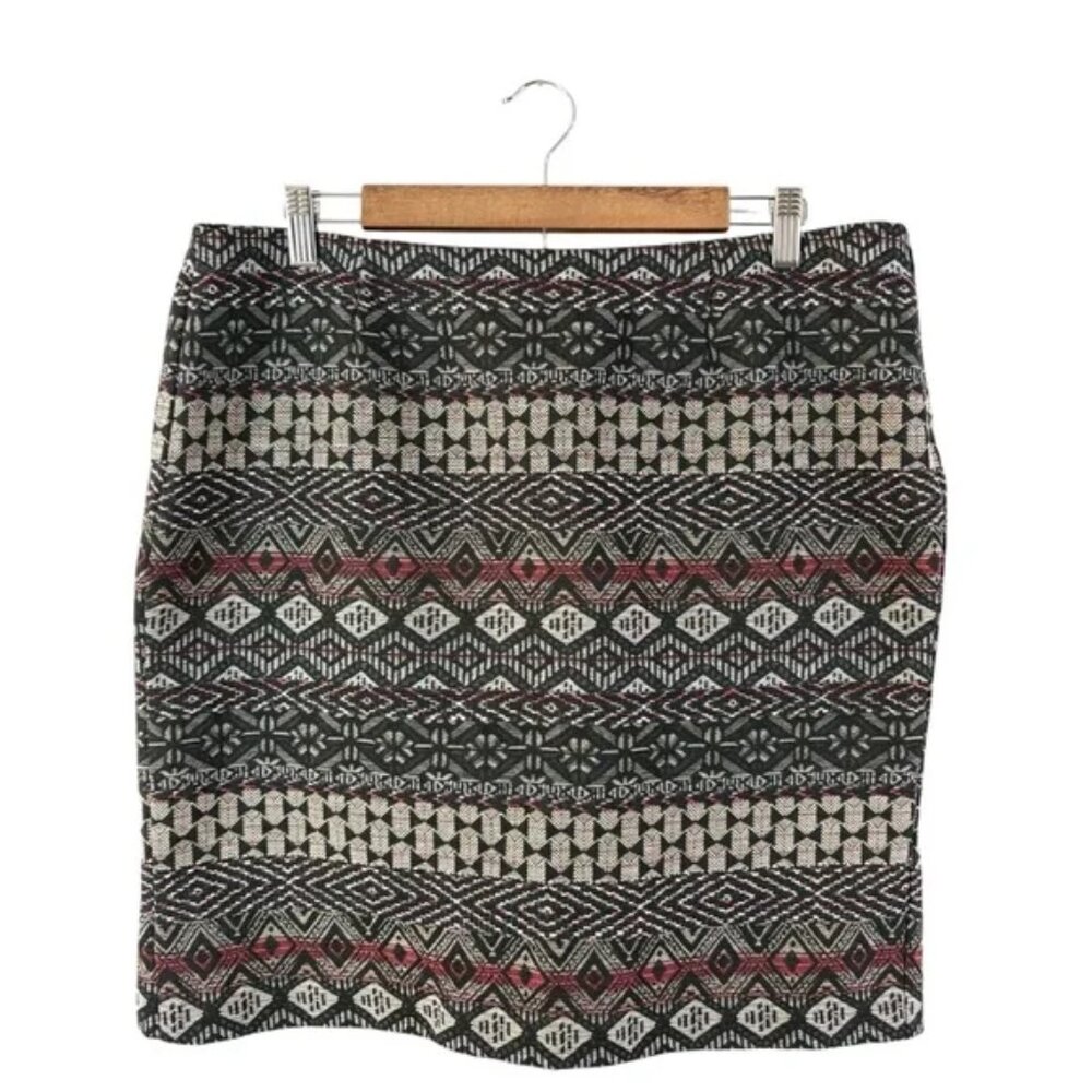 J. Jill Pencil Skirt Black Gray Tribal Aztec Print Side Zip, Size L